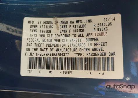 2014 Honda Accord Sport from USA, damaged, VIN 1HGCR2F56EA294377
